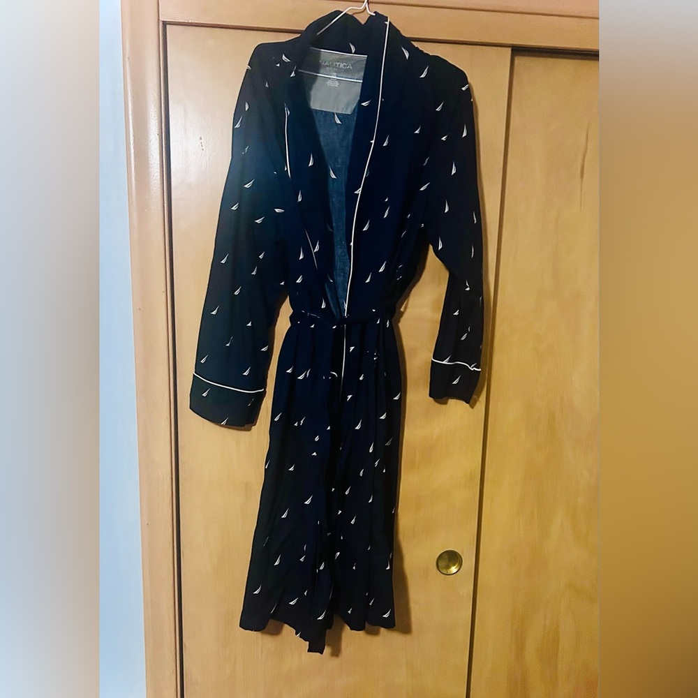Nautica Navy Long Sleeve Printed Maxi Dress with White Piping